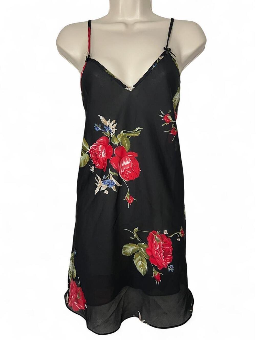 Vintage 90s Kristie Tyler Slip Dress Womens Large Black Red Rose Lace Cami Gown